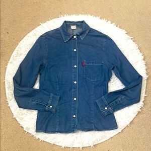 Vintage 90s Fitted Blue Long Sleeve Denim Pearl Snap Button Down Shirt